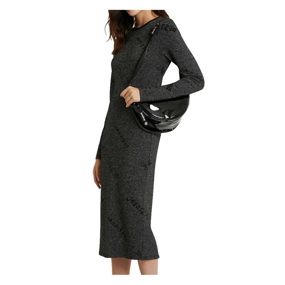 Desigual Pakaian Jadi Wanita Gaun Knit Sheath Dress Sz S Gray Logo Print Midi